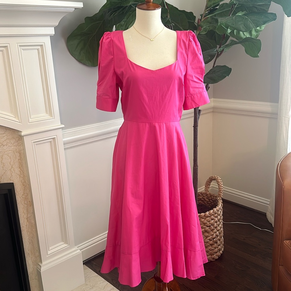 BCBG Pink Midi Puff Sleeve Sweetheart Neckline Dress